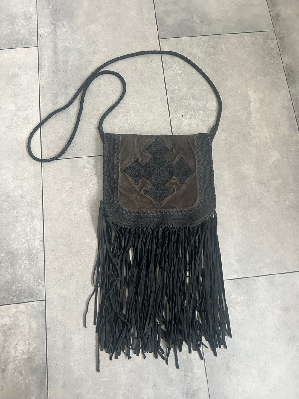 Simone Camille black/brown suede leather crossbody bag fringe
